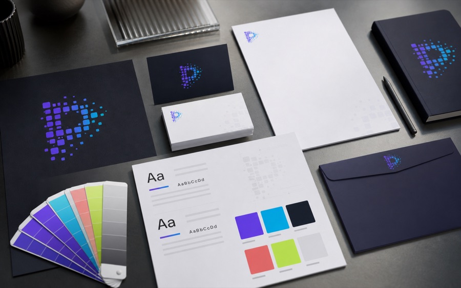 Premium brand identity system with logo cards, color swatches, and creative direction boards