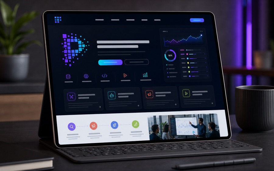 Conversion-focused landing page shown on a modern digital workspace