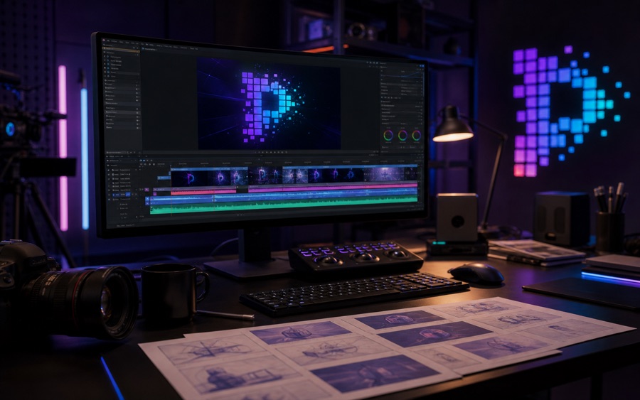 Video and motion editing workstation with timeline and storyboard frames